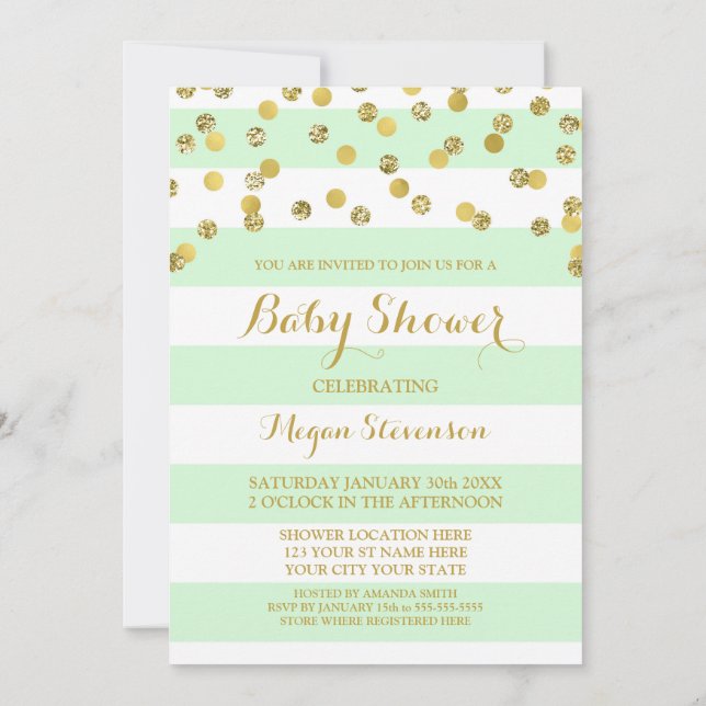 Invitación Baby Shower de Mint Stripes Gold Confet (Reverso)