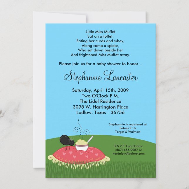 Invitación Baby Shower de Miss Muffet de 5 horas a (Anverso)