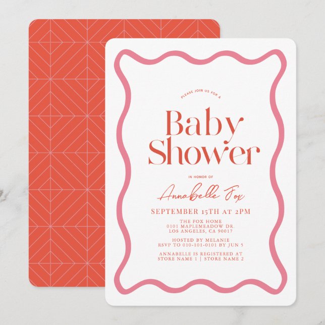 Invitación Baby Shower de moda con marco ondulado rosa y rojo (Anverso / Reverso)
