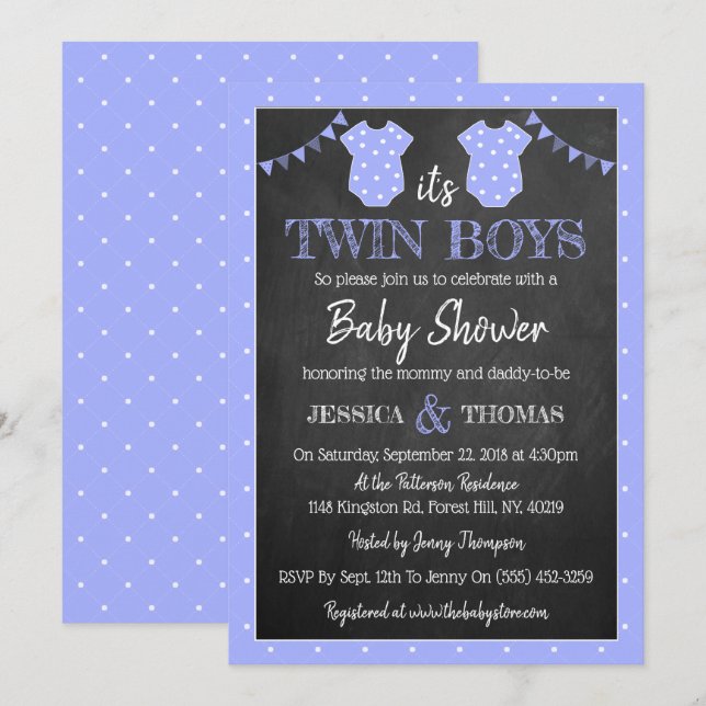 Invitación Baby Shower de moda de Chalkboard Twin Boys (Anverso / Reverso)