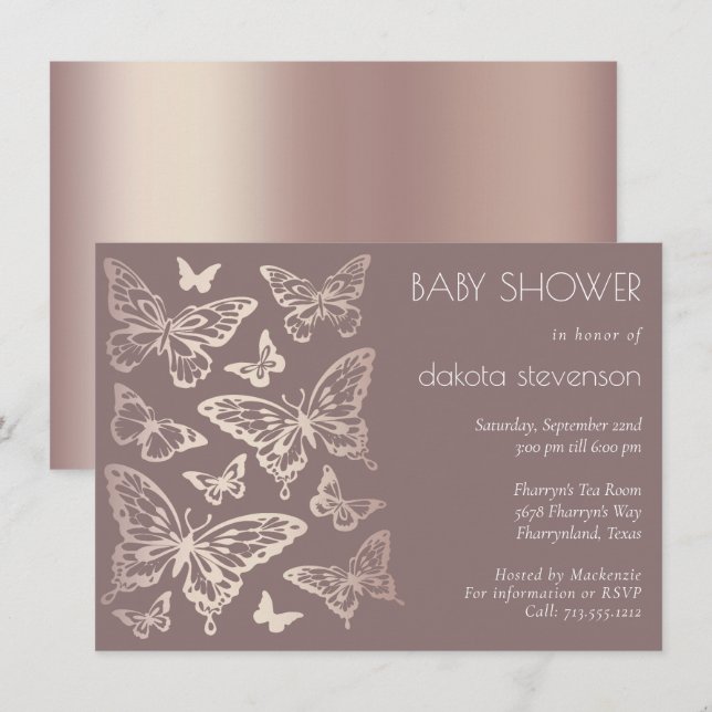 Invitación Baby Shower de Moda de mariposa | Oro Rosa de cobr (Anverso / Reverso)