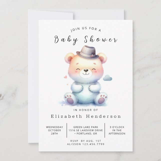 Invitación Baby Shower de moda editable Bear (Anverso)