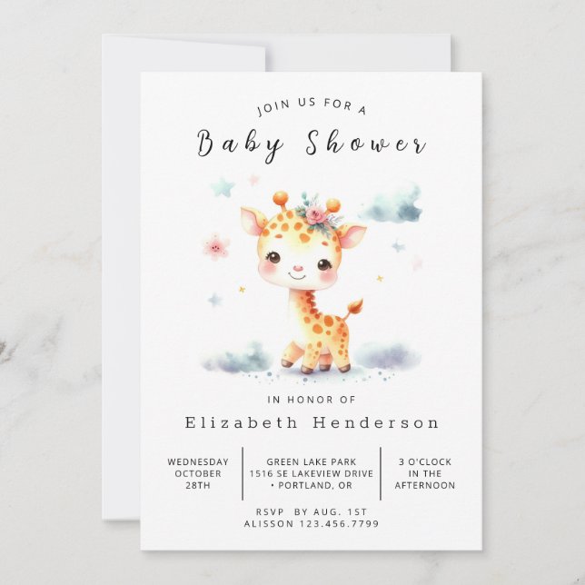 Invitación Baby Shower de moda editable Giraffe (Anverso)