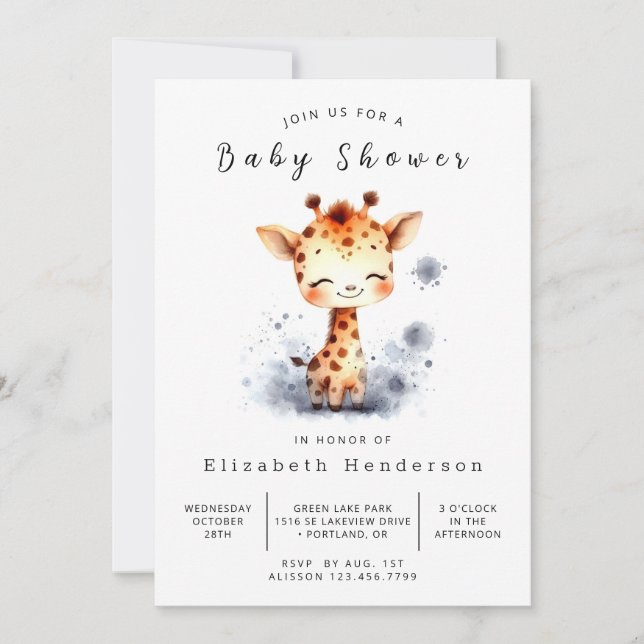 Invitación Baby Shower de moda editable Giraffe (Anverso)