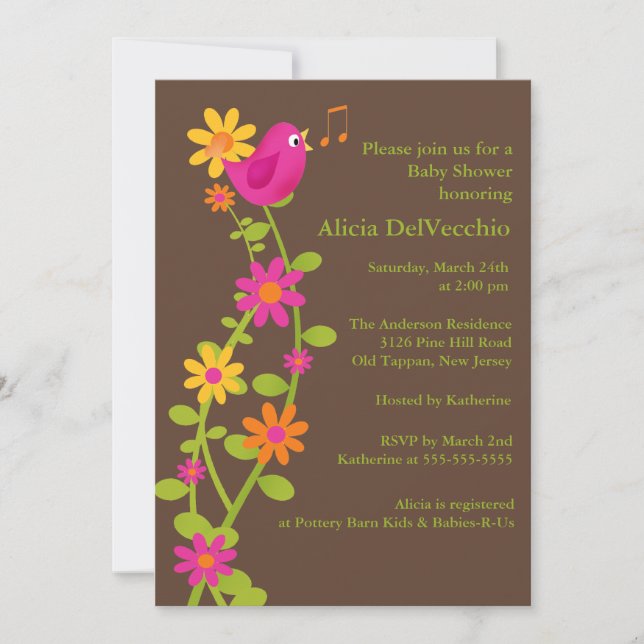 Invitación Baby Shower de moda para Aves y Flores (Anverso)