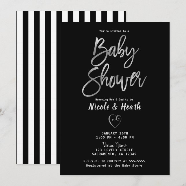 Invitación Baby Shower de Moda Plata de franjas blancas negra (Anverso / Reverso)