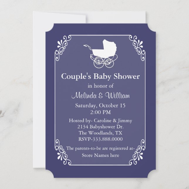 Invitación Baby Shower de Moda Regency Blue and White Couple (Anverso)