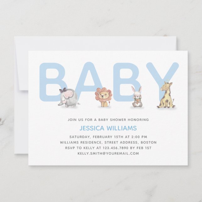 Invitación Baby Shower de Modern Cute Animal Blue Boy (Anverso)