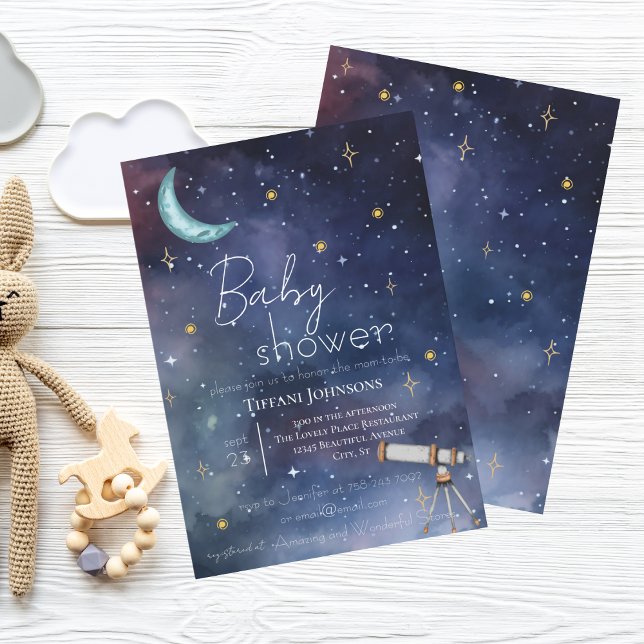 Invitación Baby Shower de moderna luna celestial y estrellas (Subido por el creador)