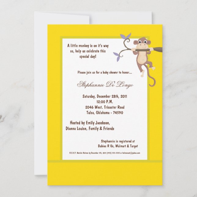 Invitación Baby Shower de mono amarillo 5x7 (Anverso)
