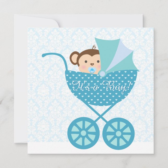 Invitación Baby Shower de mono azul (Anverso)