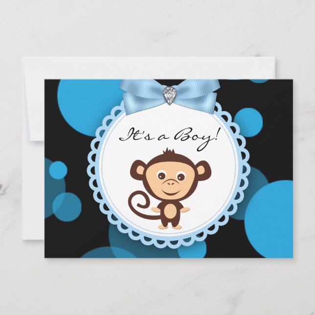 Invitación Baby Shower de mono azul (Anverso)