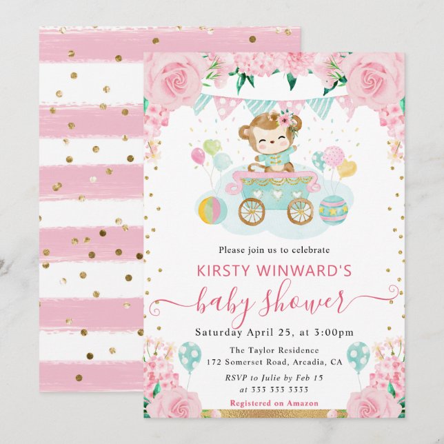 Invitación Baby Shower de mono de flores rosas acuarelas (Anverso / Reverso)