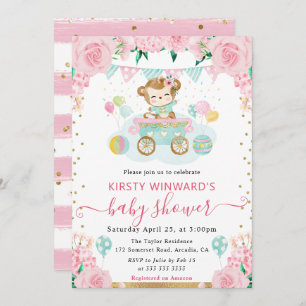 Invitación Baby Shower de mono de flores rosas acuarelas
