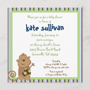 Invitación Baby Shower de mono de fútbol cuadrado