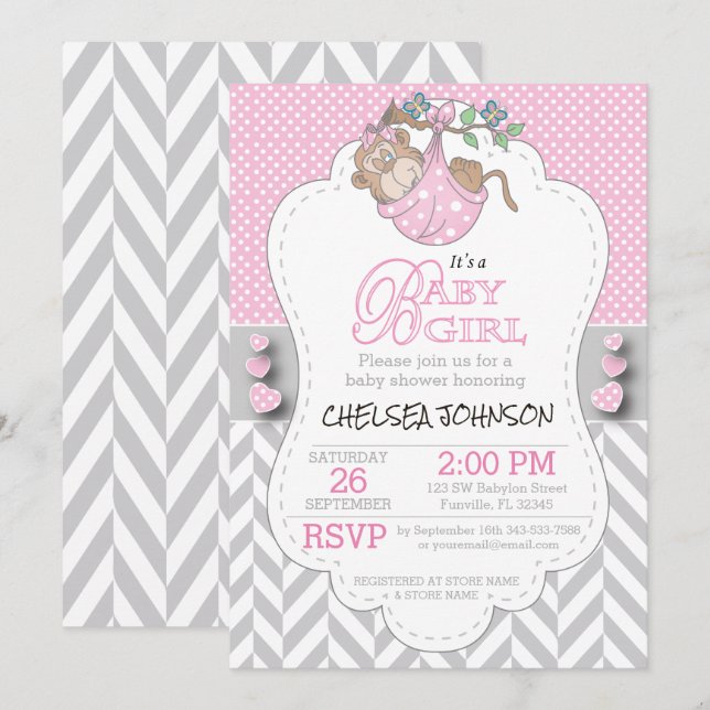 Invitación Baby Shower de mono gris rosa y blanco (Anverso / Reverso)