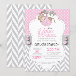 Invitación Baby Shower de mono gris rosa y blanco