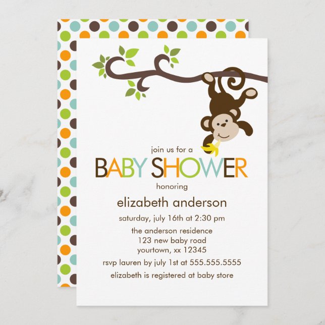 Invitación Baby Shower de mono lúdico (Anverso / Reverso)