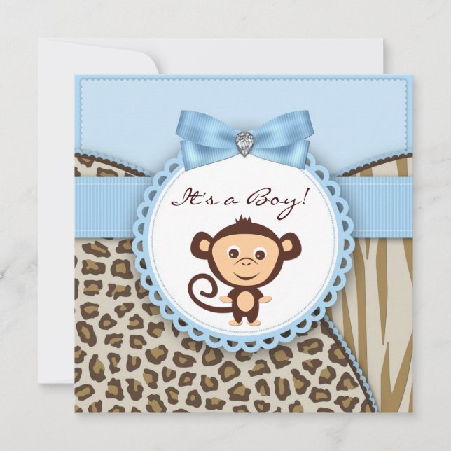 Invitación Baby Shower de mono marrón y azul (Anverso)