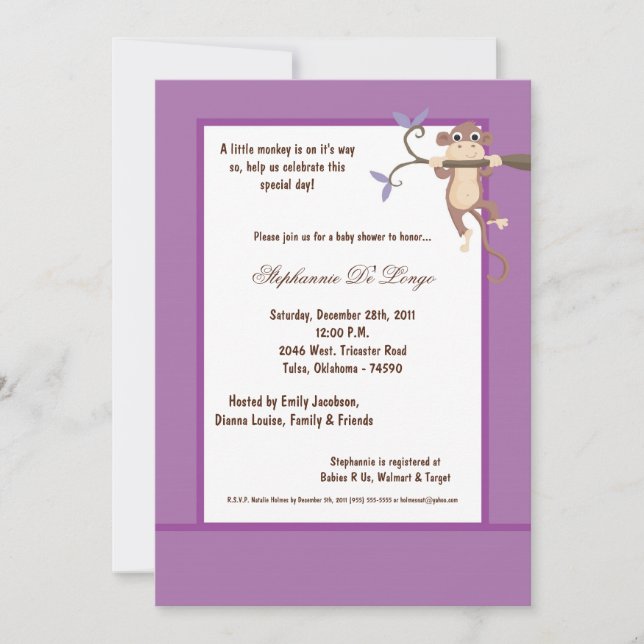 Invitación Baby Shower de mono púrpura 5x7 (Anverso)