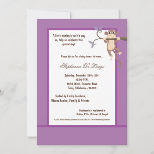 Invitación Baby Shower de mono púrpura 5x7