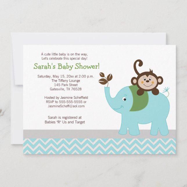 Invitación Baby Shower de Mono y Elefante Chevron Azul claro (Anverso)