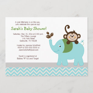 Invitación Baby Shower de Mono y Elefante Chevron Azul claro