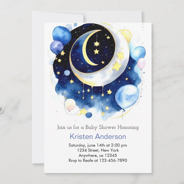 Invitación Baby Shower de Moon and Stars Celestial Blue Boy (Anverso)