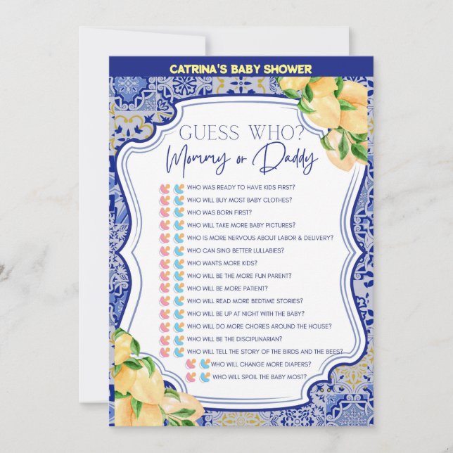 Invitación Baby Shower de mosaicos azules de limón - Nombre e (Anverso)