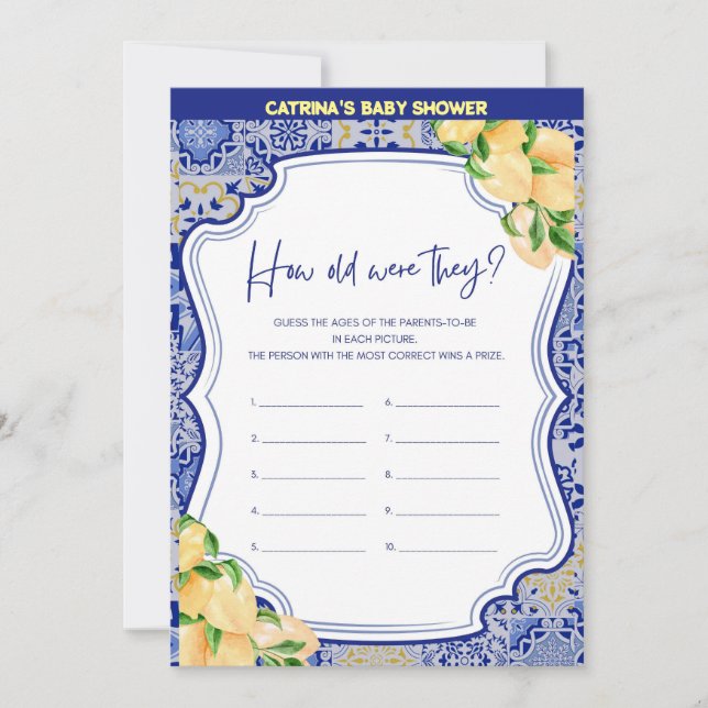 Invitación Baby Shower de mosaicos azules de limón - Nombre e (Anverso)