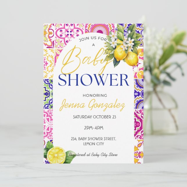Invitación Baby Shower de mosaicos italianos con limón rosa m (Anverso de pie)