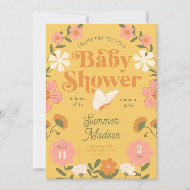 Invitación Baby Shower de Mostaza Amarilla de Flor (Anverso)