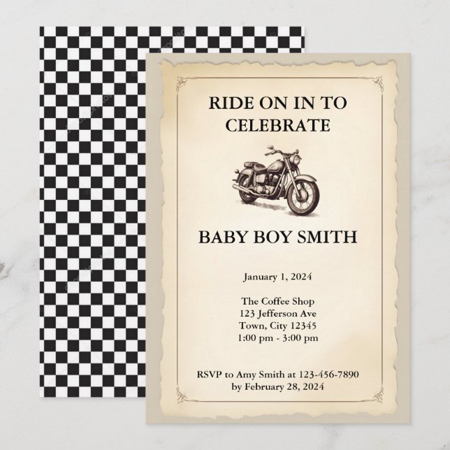 Invitación Baby Shower de motocicleta de época (Anverso / Reverso)