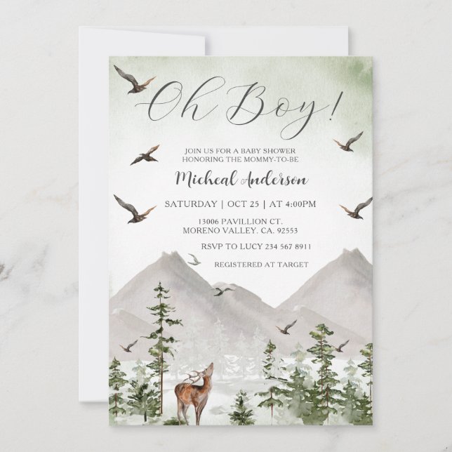Invitación Baby Shower de Mountain Pine Tree Forest Deer Boy (Anverso)