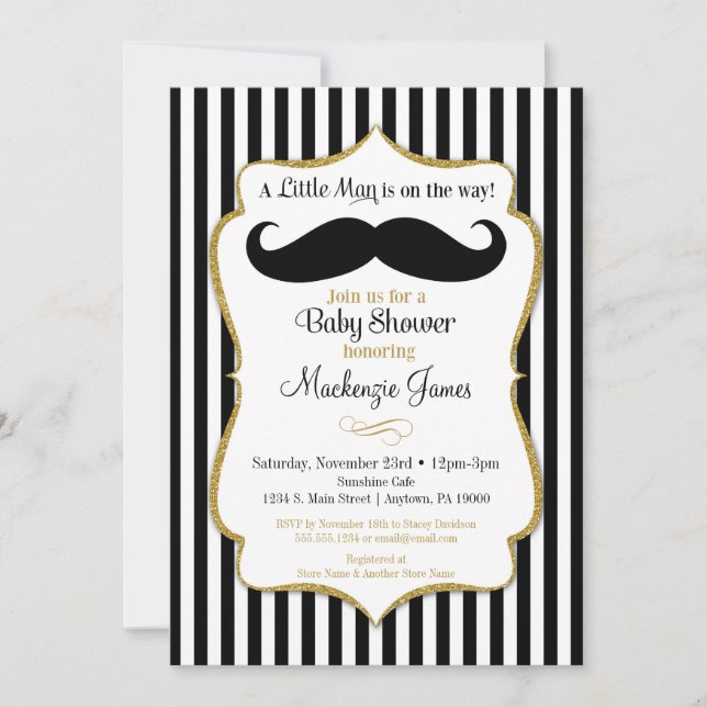 Invitación Baby Shower de Mustache Boy Black Gold (Anverso)