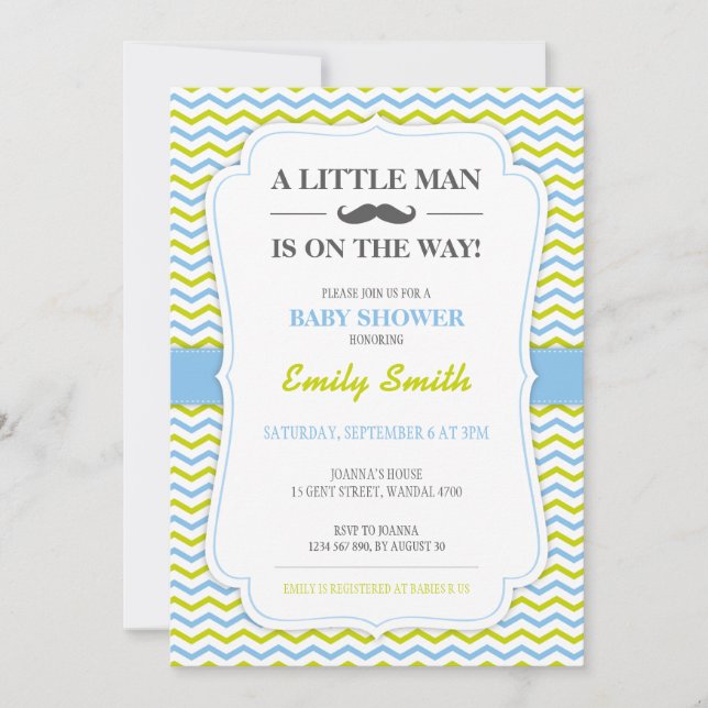 Invitación Baby Shower de Mustache Little Man (Anverso)