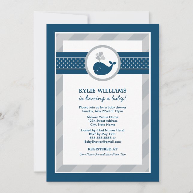 Invitación Baby Shower de Nautical Navy Blue Gray Whale Boy (Anverso)