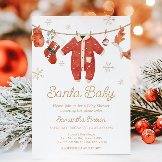 Invitación Baby Shower de Navidades de Santa (Santa Baby Clothesline Christmas Baby Shower Invitation)