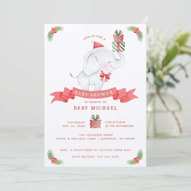 Invitación Baby Shower de Navidades elefantes blancos (Anverso de pie)