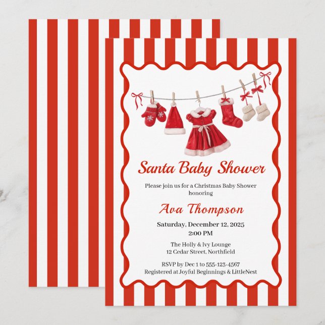 Invitación Baby Shower de navidades | Ropa de Santa Rojo y Bl (Anverso / Reverso)