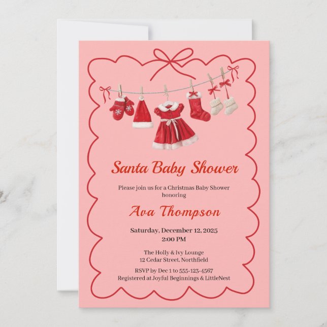 Invitación Baby Shower de navidades | Ropa de Santa Rojo y Bl (Anverso)