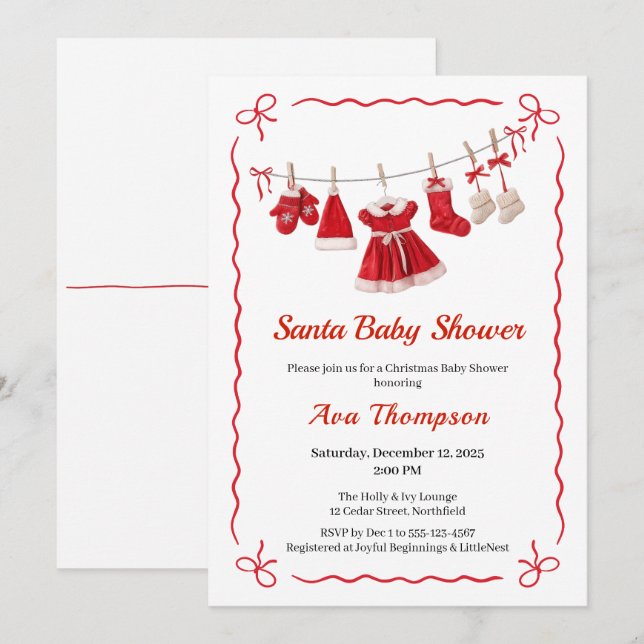Invitación Baby Shower de navidades | Ropa de Santa Rojo y Bl (Anverso / Reverso)