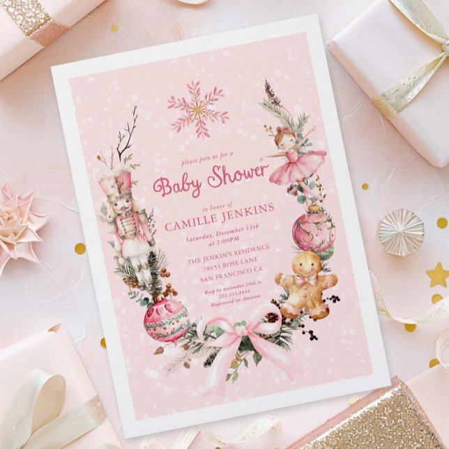 Invitación Baby Shower de Navidades rosados (Pink Winter Holiday Baby Shower Invitation)