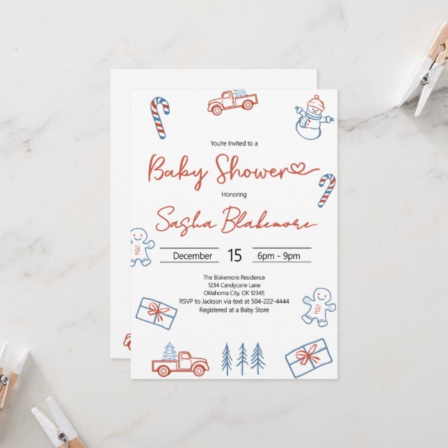 Invitación Baby Shower de Navidades Rústicos Rojos y Azules d (Anverso/Reverso In Situ)