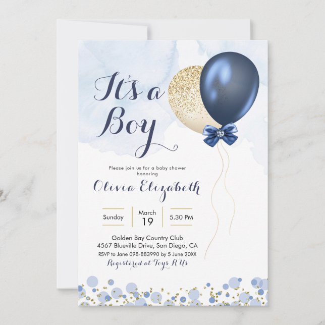 Invitación Baby Shower de Navy Blue and Gold Balloon Boy (Anverso)