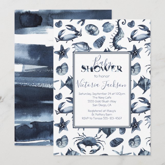 Invitación Baby Shower de Navy Blue and White Marine Boy (Anverso / Reverso)
