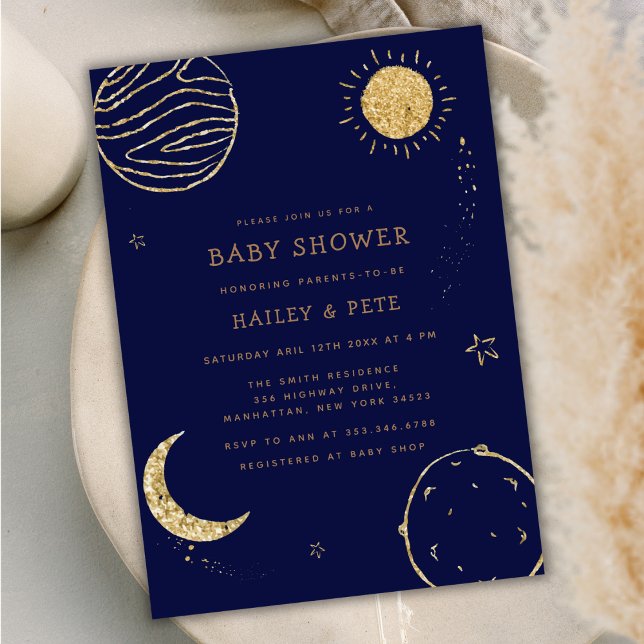 Invitación Baby Shower de Navy Blue Gold Galaxy Moon Star (Navy Blue Gold Galaxy Moon Star Boy Baby Shower Invitation)