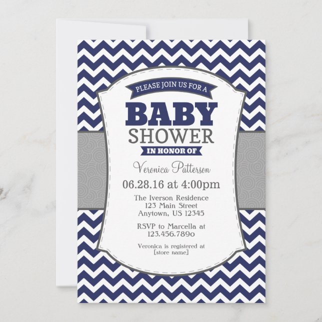 Invitación Baby Shower de Navy Blue Gray Chevron (Anverso)
