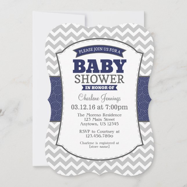 Invitación Baby Shower de Navy Blue Gray Chevron (Anverso)