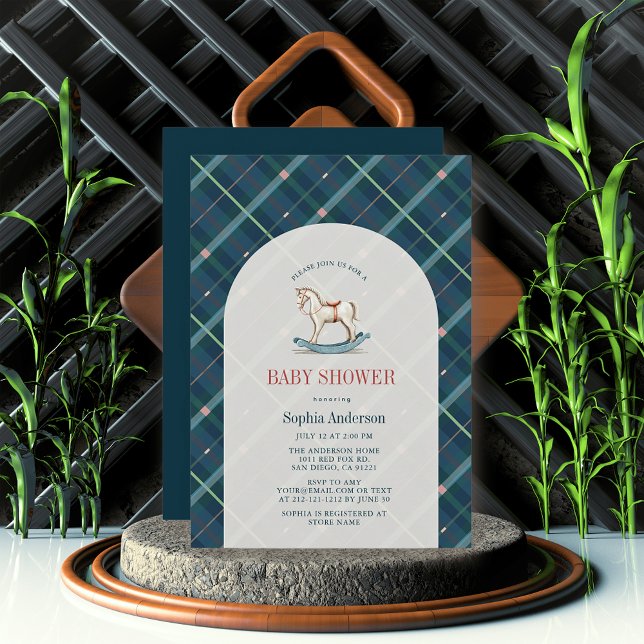 Invitación Baby Shower de Navy Blue Plaid Rocke Horse Boy (Subido por el creador)